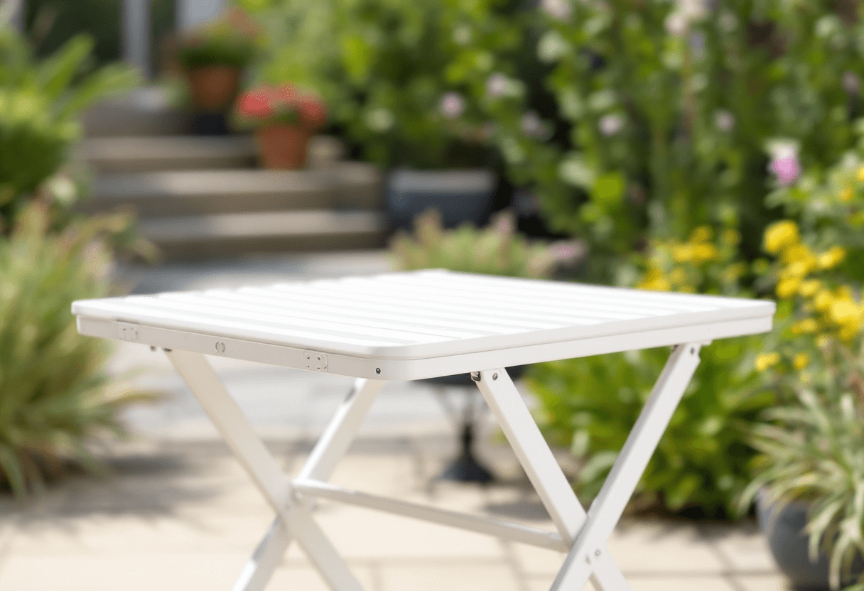 Table pliante blanche en extérieur.
